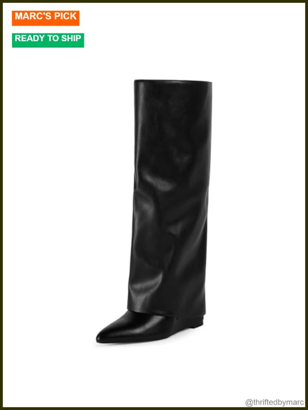 Knee High Boots Women Fold Over Wedge Heel Pointed Toe Tall Faux Leather